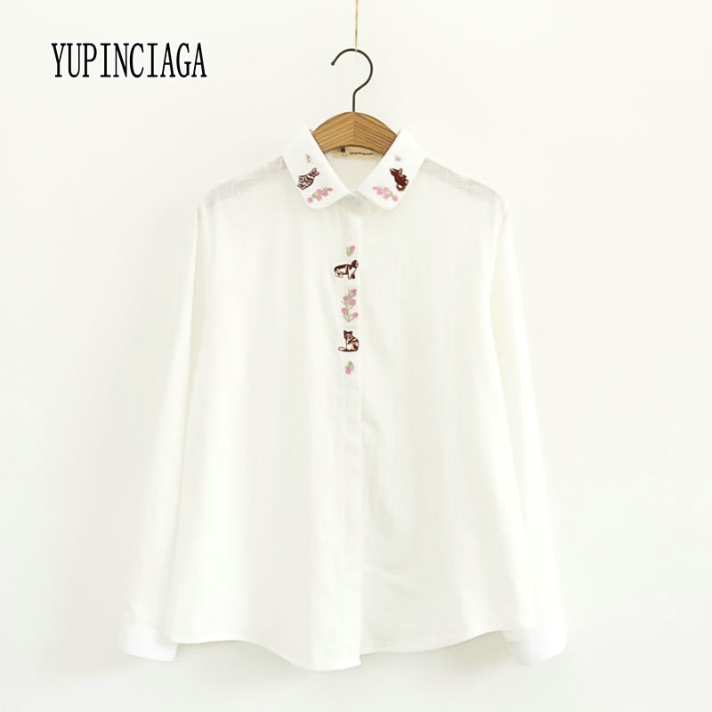 YUPINCIAGA Japanese Mori girls cartoon Cat embroidery access control long sleeve shirt student primer shirt Women White Blouse