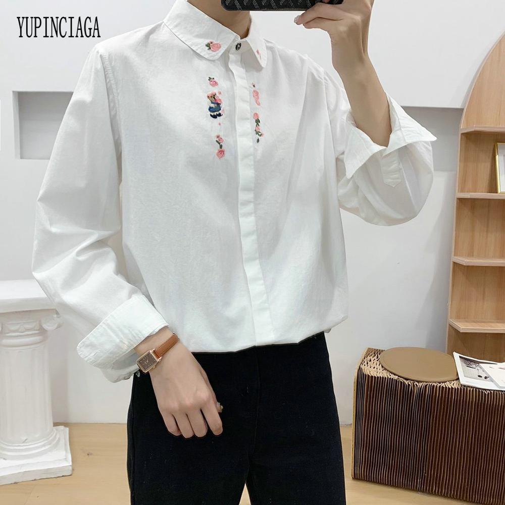 YUPINCIAGA New Neckline Cartoon Floral Embroidery Loose Casual Women Long-sleeved Shirt White Tops Blouses Sweet Top For Ladies