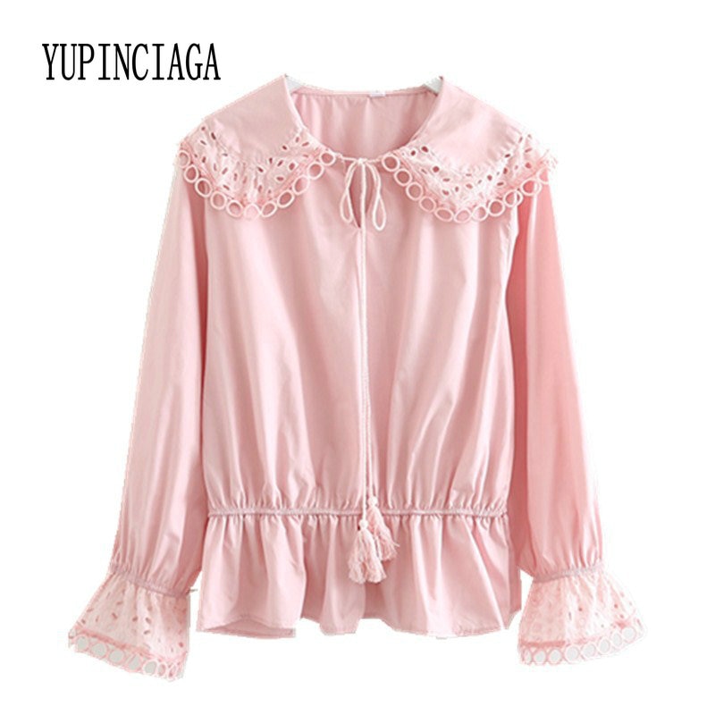 YUPINCIAGA Spring Women's Pink Shirt Japan Style Solid Color Sweet Lace Fringe Long Sleeve Cute Kawaii Shirt Women Blouse Female