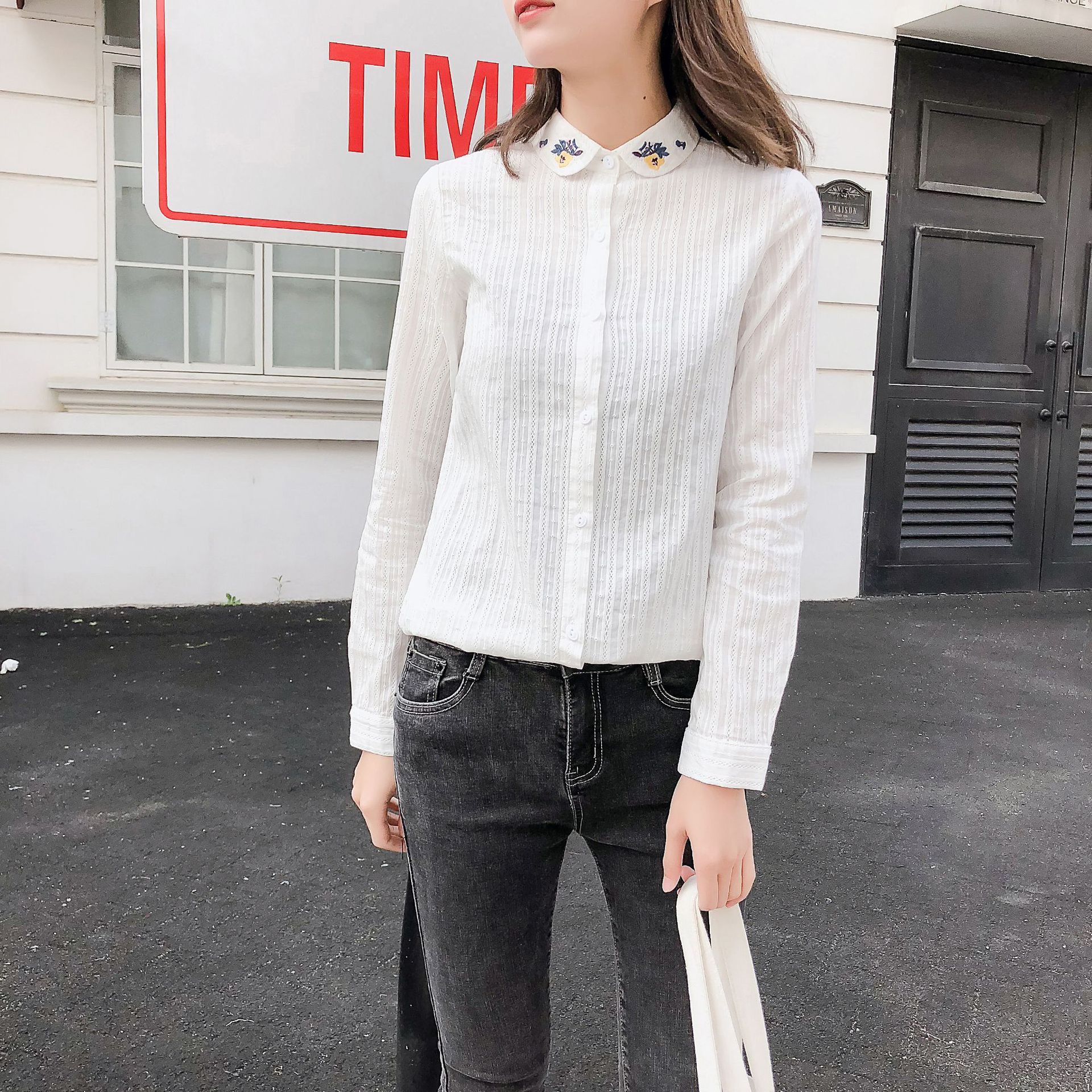 YUPINCIAGA Women Fashion Sweet Shirt Neckline Floral Embroidery Thin Skinny White Shirt Peter Pan Collar Cotton Blouses Tops