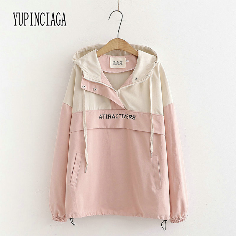 YUPINCIAGA Women Japan Style Print Letters Stitching Embroidered Pocket Zipper Hooded Pullover Casual Loose Coat Outwear Top
