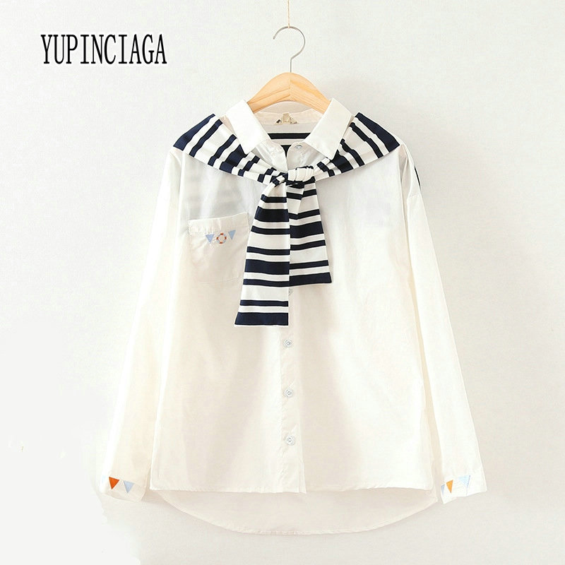 YUPINCIAGA Women Spring Shirt Navy Style Striped Tie Lifebuoy Embroidered Long Sleeve Cute Necktie Embroidery Blouse Female
