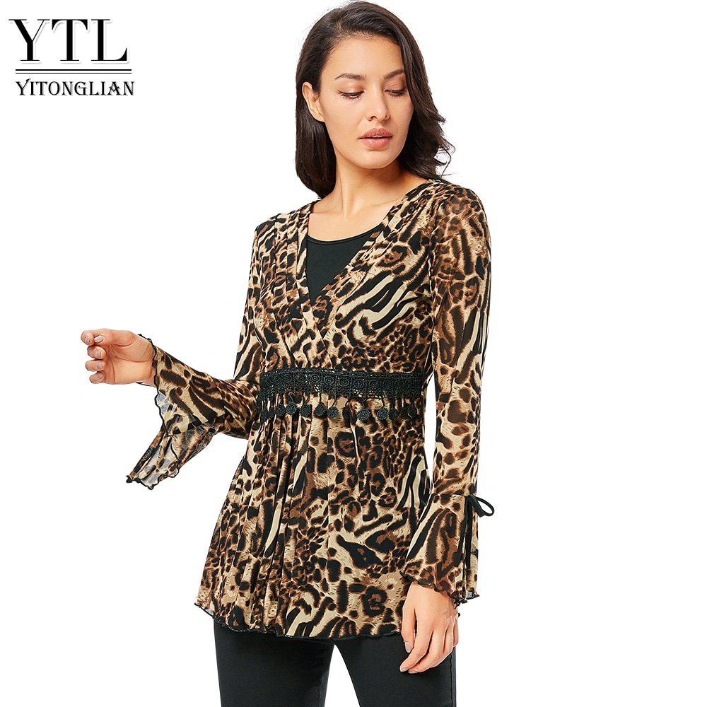 Yitonglian 2020 New Women Leopard Print Elegant Crochet Feminine Blouses V Neck Pleated Wrap Plus Size Blouse Tunic Tops H344