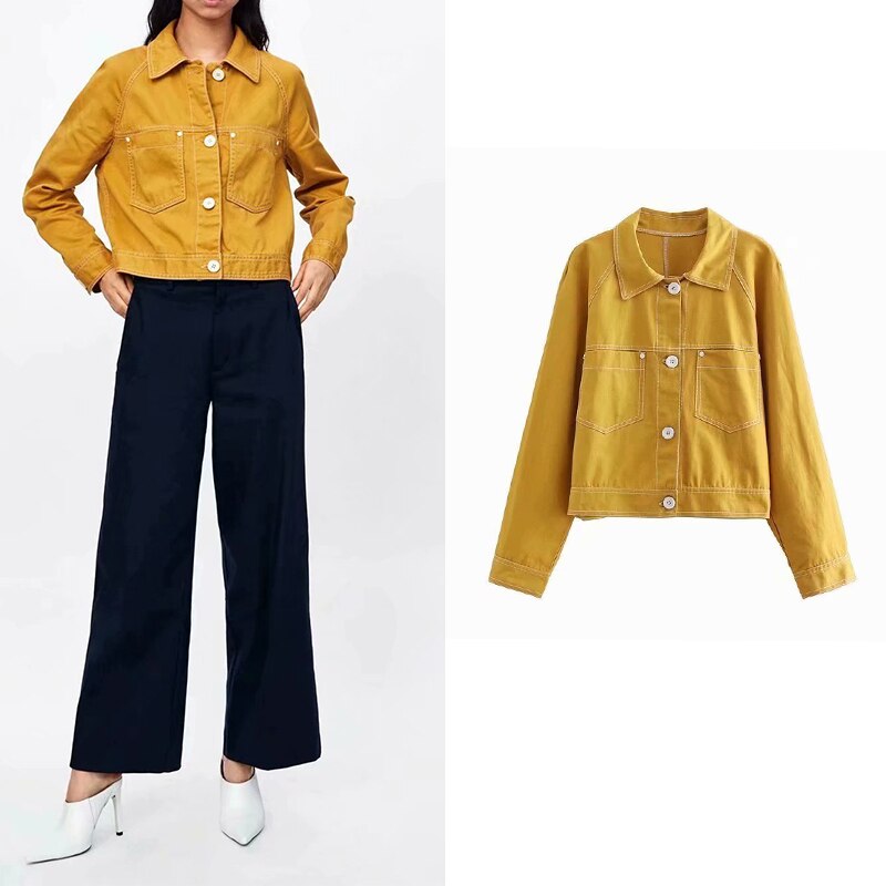 ZA 2019 fashion autumn new elegant wild slim crop jacket women high street casual retro solid with pocket short jacke ropa mujer