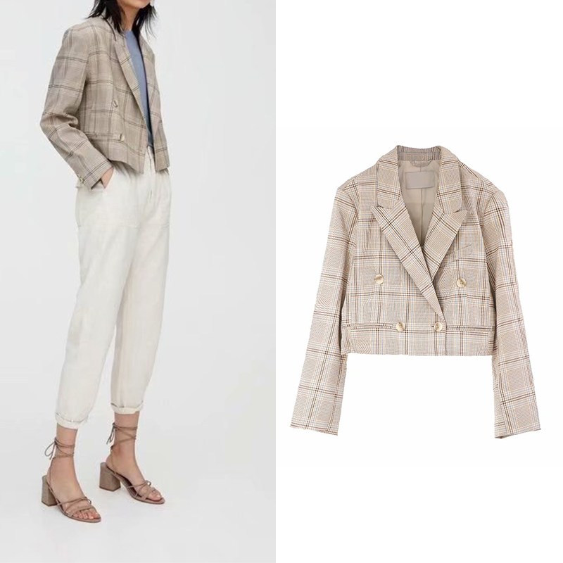 ZA 2019 fashion women autumn new elegant wild slim short suit casual retro plaid short blazer business office lady wearing