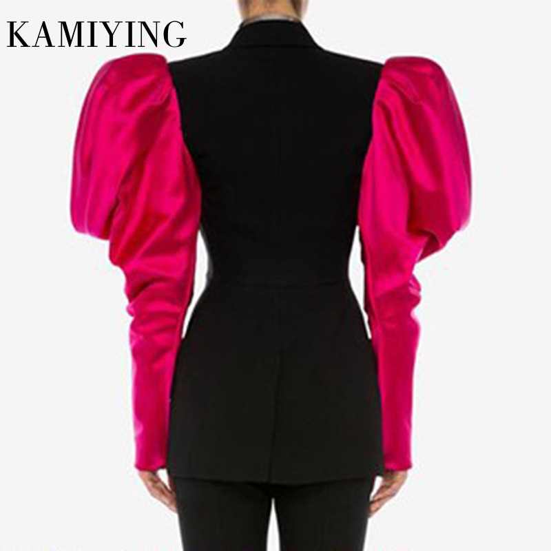 blazer women elegant Patchwork Hit Color Women's Blazer Puff Sleeve Notched Female Blazers 2019 Autumn Fashion New Clothing