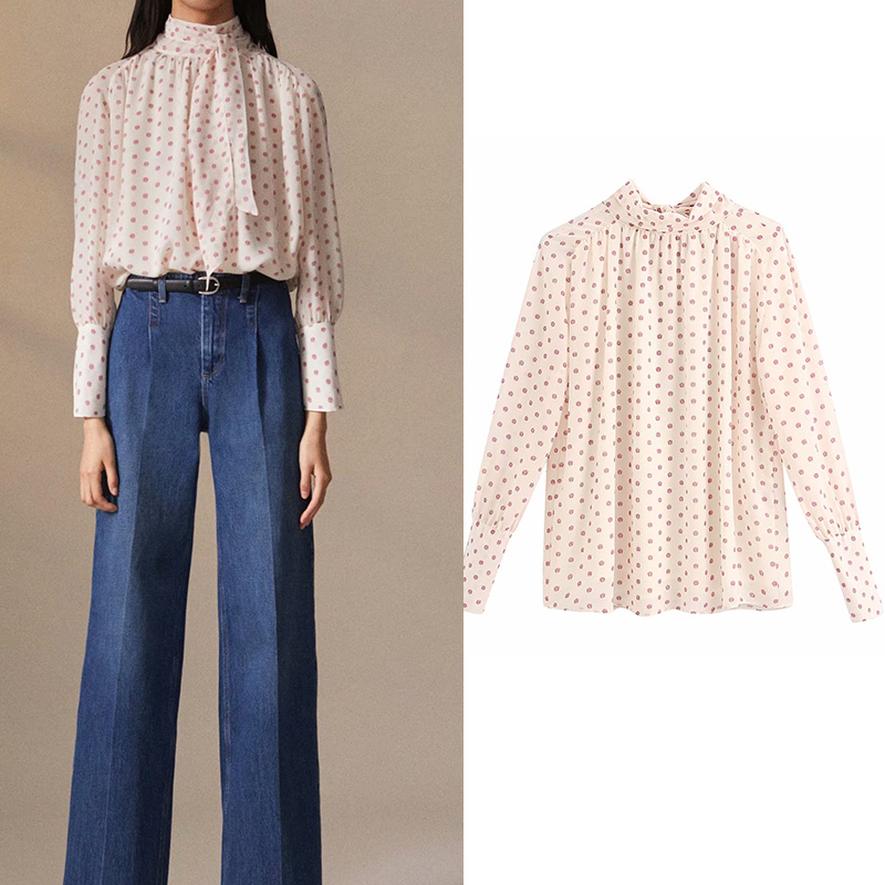 casual za beige dot print blouse women bow tie long sleeve office lady ropa mujer casual blusas mujer de moda 2019