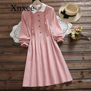 girl Student 2020 pink Autumn Vintage Embroidery Long Shirt Dress Women Casual Long Sleeve Cotton Linen Loose Party Vestidos