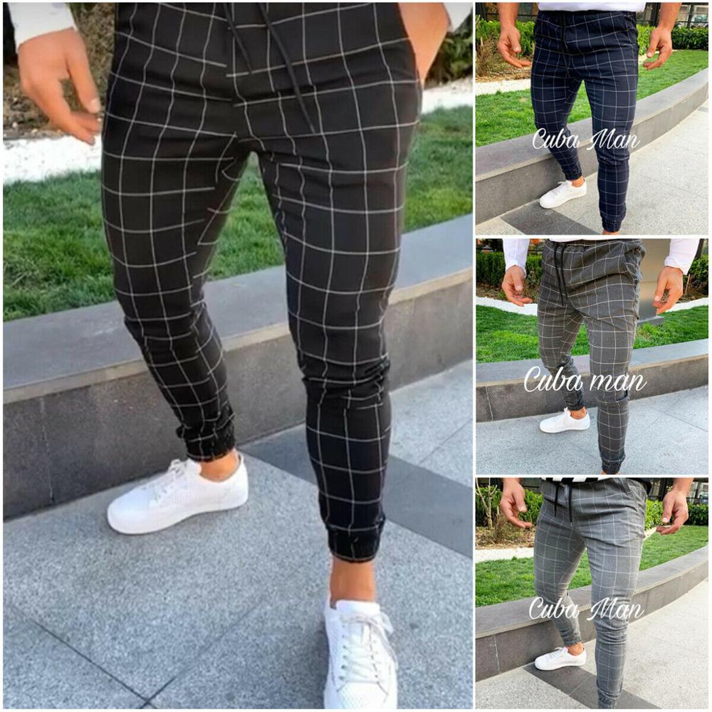 sexy high wasit spring summer fashion pocket Men's Slim Fit Plaid Straight Leg Trousers Casual Pencil Jogger Casual Pants