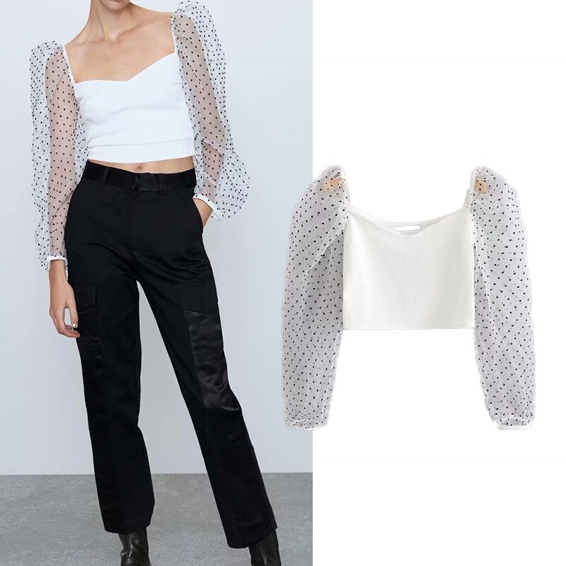 stylish za 2019 tops sexy shirt mesh long sleeve dot print white tops fashion womens tops and blouses