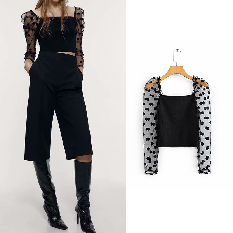 stylish za 2019 tops women chic polka dots knitted patchwork blouse long sleeve slim fit black shirts female casual chic crop