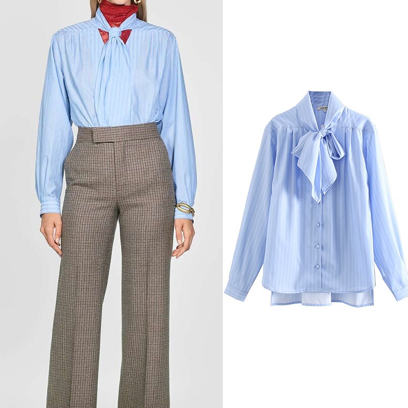 za 2019 bow tie sky blue long sleeve shirt women casual office wear striped elegant womens tops and blouses
