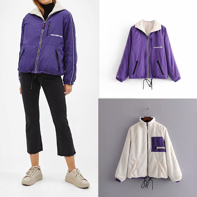 za 2019 fashion Women Letter print Nylon fleece Thick Coats Jacket Loose Long sleeves pocket Ladies both side wear overcoat