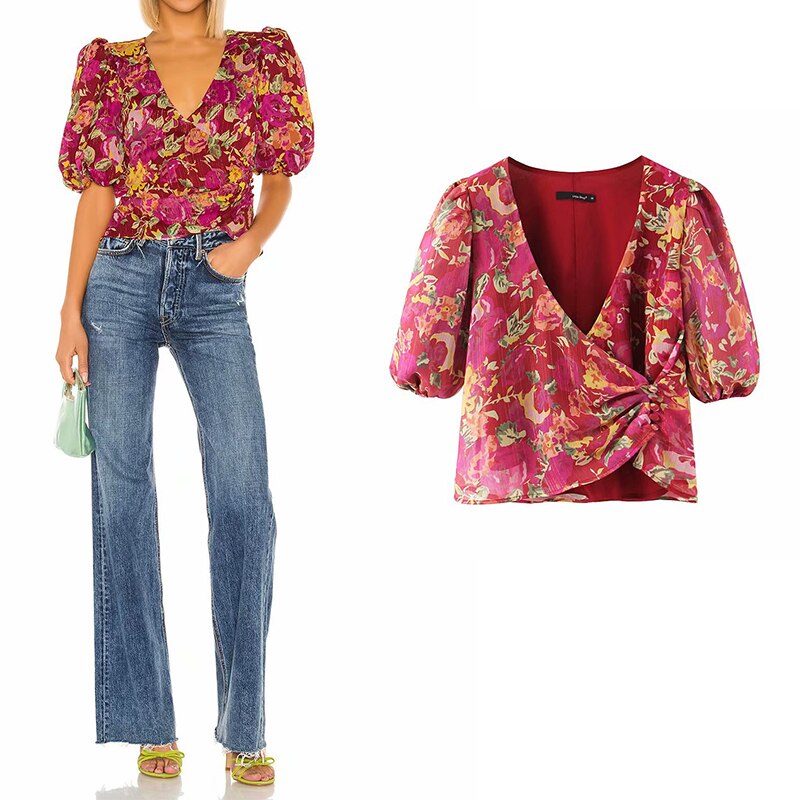 za 2020 Vintage v-neck summer blouse women new fashion short sleeve buttons streetwear red print shirt female vestidos blouses