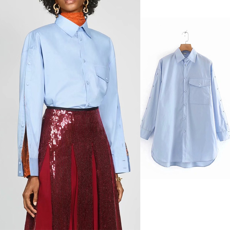 za sky blue loose shirt women casual long sleeve button blouse women chic office lady blusas mujer de moda 2019