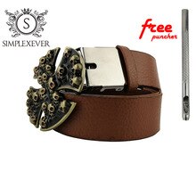3D Skull Solid Brass Belt Buckle Western Metal Cowboy Belt Buckle for Men with Belt Drop Shipping