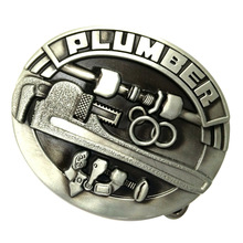 Carved PLUMBER 3D Saw Tools Pattern Oval Alloy Belt Buckle for Men Cowboy Leather Belt Accessories Antique Bronze