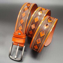 Fashion Plaid Men's Genuine Leather Belt 2020 Pin Buckle Mens Belts Luxury Brand Male Belt Vintage Printed Jeans Belt Waistband