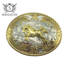 Golden Running Horse Cowboy Belt Buckle Men's Metal Belt Buckle with Belt Best Jeans Friends