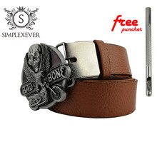 Men's Vintage Hip Hop Western Cowboy Motorcycle Head Winged Fashion Zinc Alloy Belt Buckle with Belt As Gifts