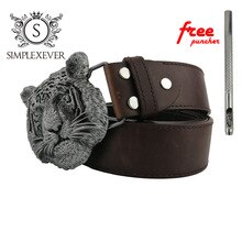 Metal Belt Buckles Silver Tiger Head Cowboy Western Metal Belt Buckle Men's 3D Belt Buckle with Belt