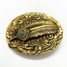 Pure Copper Belt Buckle Feather Inlaid Fade Western Cowboy Shiny Vintage Antique