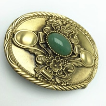Vintage Antique Pure Brass Copper Big Belt Buckle Big Jade Cowboy Mens Fashion Gift