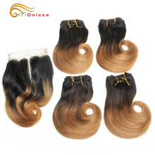 45g/pc Short Curly Bundles 100% Human Hair 4 Bundles with Closure Indian Short Bob Style Human Hair Bundles With Closure Ombre