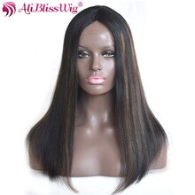 AliBlissWig Highlights Human Hair Wigs Invisible Silk Base Wigs Brazilian Remy Hair 18inches #1B/30 Yaki Straight