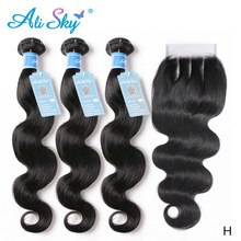 Alisky Brazilian Hair Weaves Body Wave 3 Bundles with 4x4 Lace Closure 100% Human Hair Extensions Remy Hair Bundles With Closure