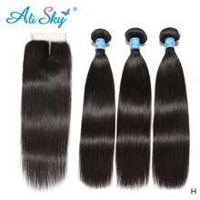 Alisky Peruvian Straight Hair Bundles with Lace Closure Human Hair 4x4 Remy Hair 100% Human Hair Weave 3 Bundles and Closure