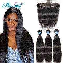 Alisky Remy Brazilian Hair Weave Bundles with Frontal Straight Hair Bundles With Closure PrePlucked 13X4Lace Frontal With Bundle