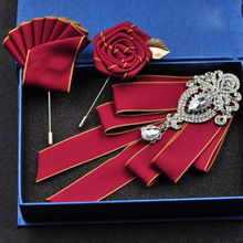 British Fashion Red Rhinestone Bow Tie Wedding Collar Men Accessories Crystal Ties Brooch Pocket Towel Square Set Business Suits