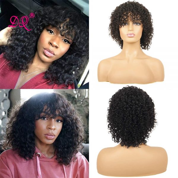 DQ  Curly  Wig With Bangs 10 Inches Natural Black Color Short Bob Wigs for Women 150% Density Deep Curls (Natural