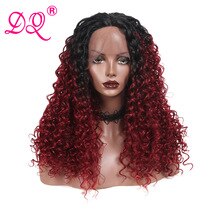 DQ Long Afro Kinky Curly Synthetic Lace Front Wig Women Heat Resistant Fiber Cosplay Wig Ombre Brown Red Black Wig Middle Part
