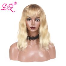 DQ Short Bob Wig With Bangs Water Wave Synthetic Hair Wig For Women Heat Resistant Fiber Pink Blue Purple Brown Ombre Wig