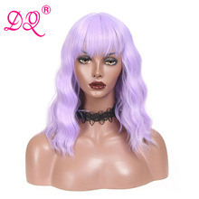DQ Short Bob Wig With Bangs Water Wave Synthetic Wig For Women High Temperature Fiber Pink Blonde Blue Purple Brown Ombre Wig