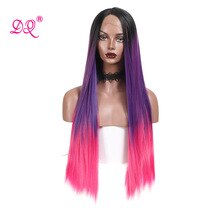 DQ Straight Hair Long Wig Cosplay Lace Front Wig ForBlack Women Ombre Black Purple Pink High Temperature Heat Resistant Fiber