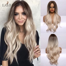 EASIHAIR Brown to Light Blonde Ombre Synthetic Wigs Long Middle Part Wavy Wigs for Women Heat Resistant Cosplay Wig Natural Hair