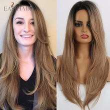 EASIHAIR Long Black to Brown Ombre Hair Wigs Heat Resistant Synthetic Wigs Side Part For Afro Women Wavy Cosplay Natural Wigs