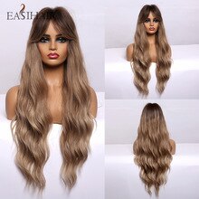 EASIHAIR Long Body Wavy Brown Ombre Synthetic Wigs Women Natural Wavy Hair Wig Cosplay Wigs with Bangs Heat Resistant Wigs