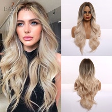 EASIHAIR Long Light Blonde Ombre Natural Wave Style Wigs Heat Resistant Synthetic Wigs Middle Part Hair Cosplay Wigs for Women