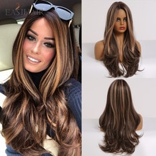 EASIHAIR Long Wavy Brown Synthetic Wigs Cosplay Natural Hair Wigs With Blonde Highlights High Temperature Fiber For Black Women