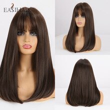 EASIHAIR Medium Length Dark Brown Straight Synthetic Wigs with Bangs for Women Bob Wig Heat Resistant Cosplay Party Wig Dark Wig