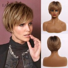 EASIHAIR Short Brown Ombre Women Synthetic Wigs Layered Hairstyle Natural Hair Daily Wigs with Bangs Heat Resistant Full Wigs