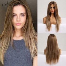 EASIHAIR Silky Straight Long Brown Blonde Lace Front Wig with Baby Hair Heat Resistant High Density Synthetic Wigs for Women