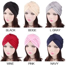 Fashion Women Solid Stretch Cotton Turban Hat Scarf Cancer Chemo beanies Cap Cross Headbands Hijab Head Wrap Hair Accessories