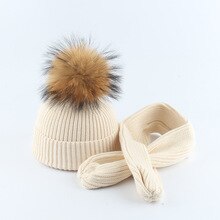 Knit Hat Scarf Set Baby Boy Girl Winter Beanie Warm Angora Real Raccoon Fur Pompon Headwear Skiing Outdoor Accessory