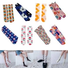 Korean Fashion Long Crew Socks Women Girls Sweet Candy Colorful Floral Print Translucent Mesh Summer Thin Cute Art Tube Hosiery