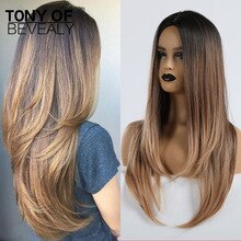 Long Synthetic Wavy Ombre Light Brown Middle Part Natural Hair Wigs For Women African America Heat Resistant Fiber Wigs